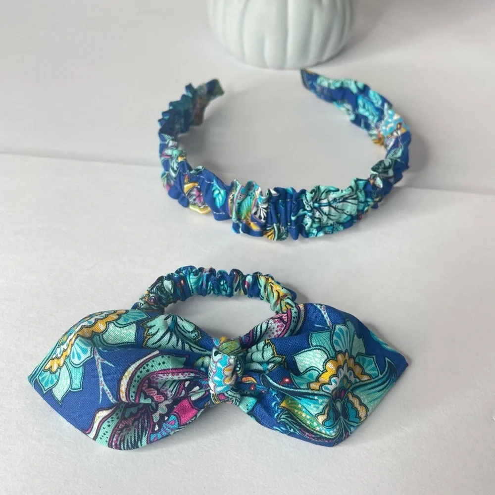 Ruffle Headbands end Scrunchie Set Girls Handmade Hair floral blue